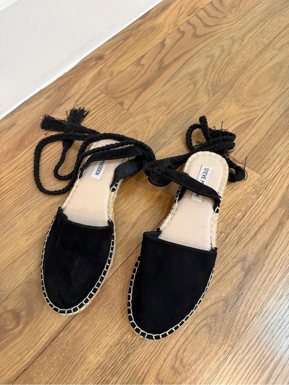 Steve Madden Black Suede Mesa Espadrille Ankle-Tie Flats